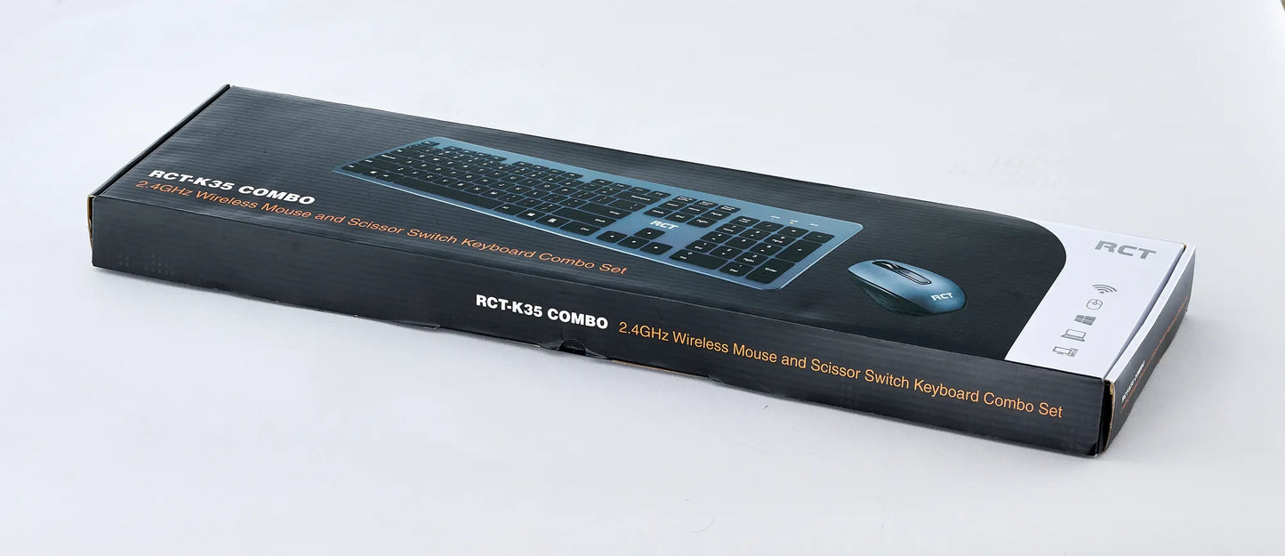 RCT Wireless Keyboard and Mouse Combo | 104-key Slimline Scissor Switch Keyboard | Wireless Optical Mouse; 1200DPI