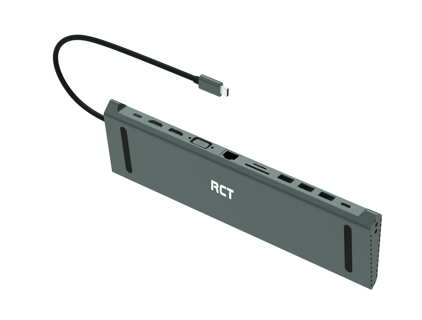 RCT 13-in-1 USB type C dock with MST function;1 HDMI; 1 DP; 1 VGA; 3 USB 3.0; 1 RJ45; PD; 3.5mm audio & mic; SD/TF3.0 reader