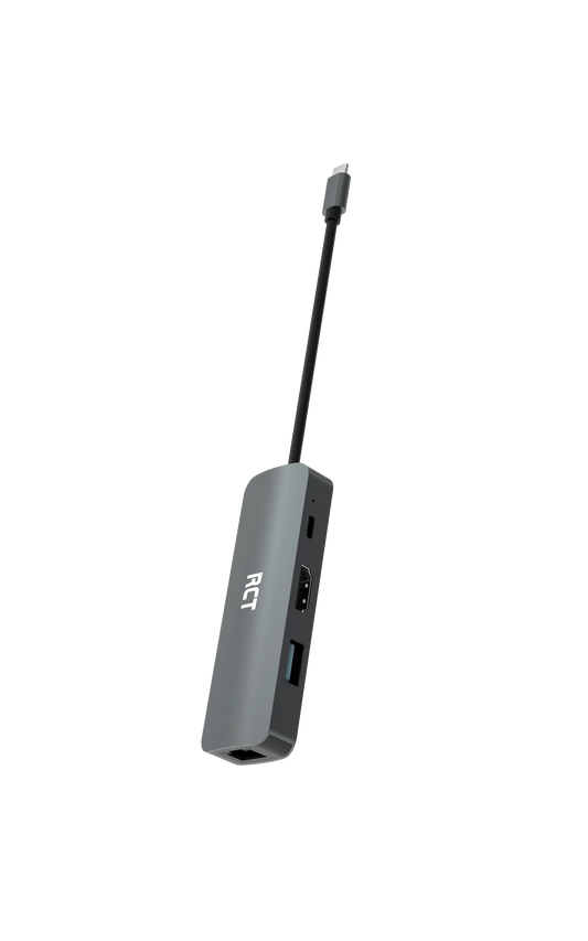RCT compact 4-in-1 USB type C hub with 1 HDMI; 1 USB 3.0; RJ45 and USB C Power pass-through