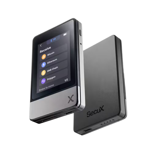 SecuX Neo-X hardware wallet in space grey, front with touchscreen and back with the SecuX logo