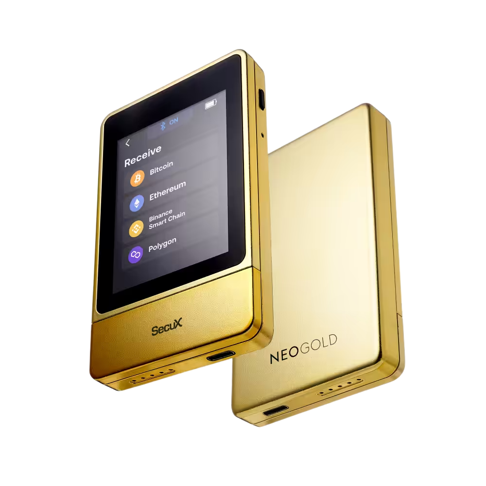 SecuX NeoGold hardware wallet in gold, front with touchscreen and back with the NeoGold name