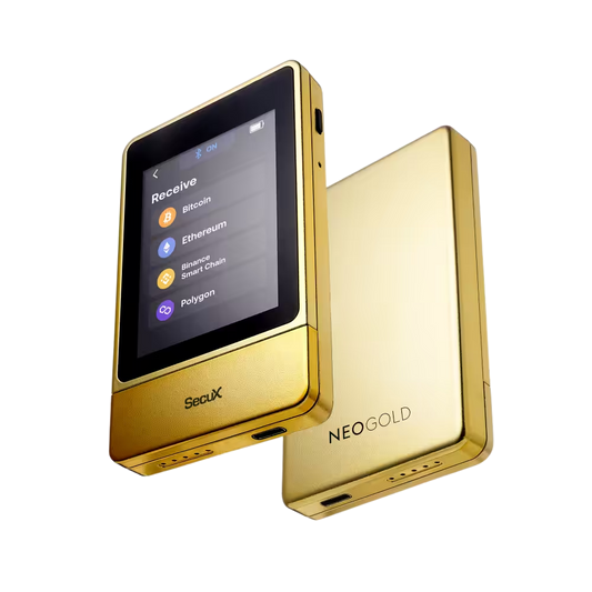 SecuX NeoGold hardware wallet in gold, front with touchscreen and back with the NeoGold name