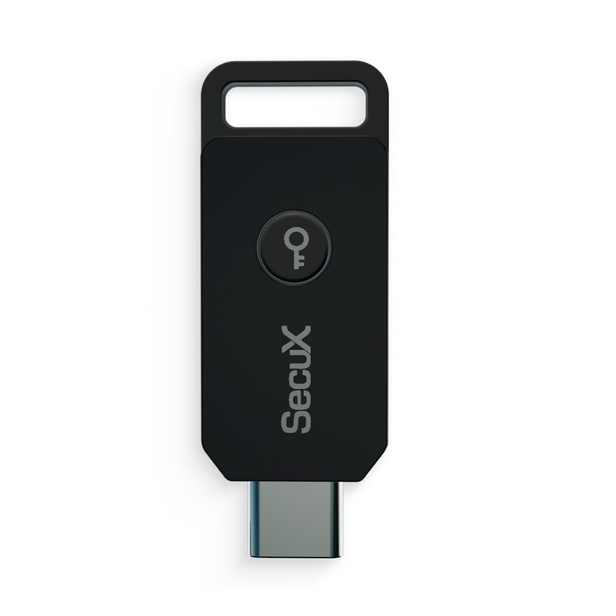 SecuX PUFido Clife Key front view with confirm button and USB-C plug, official SecuX image
