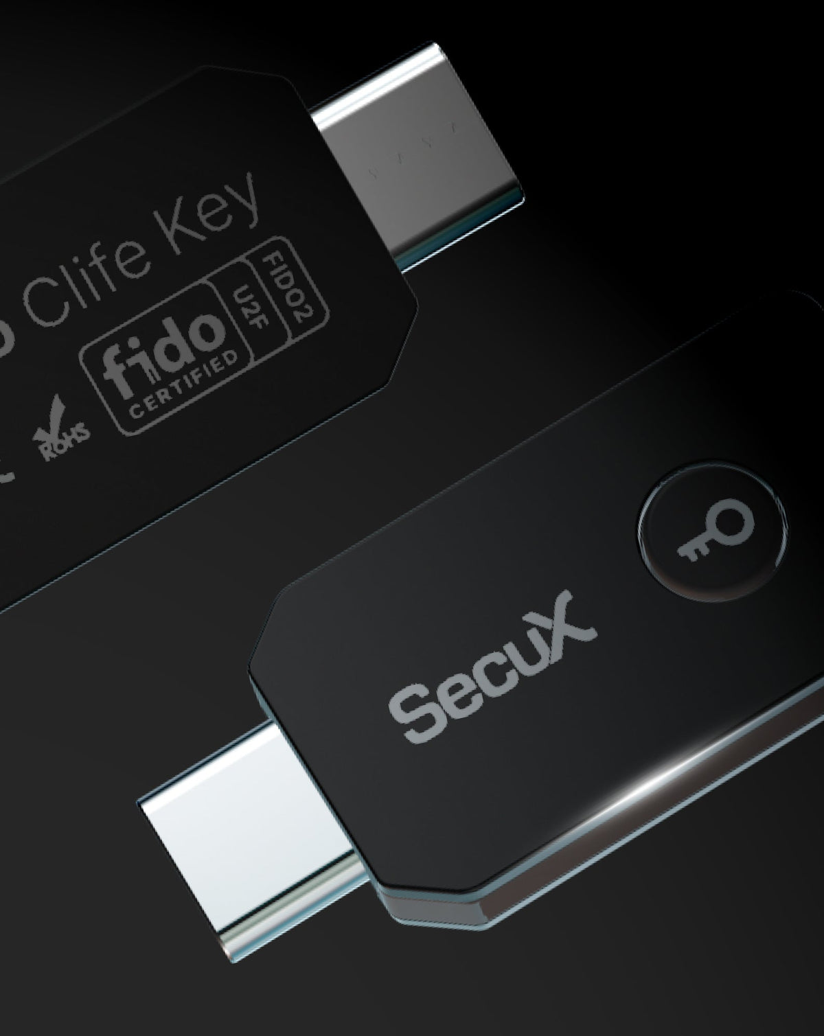 SecuX PUFido Clife Key front and back, the back marked PUFido Clife Key and FIDO Certified U2F FIDO2, official SecuX image