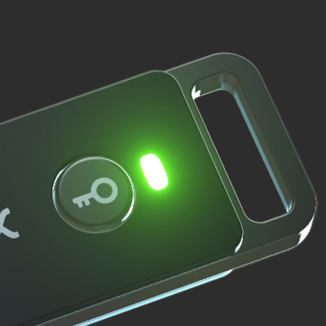 Close-up of the green LED indicator and confirm button on the SecuX PUFido Clife Key, official SecuX image