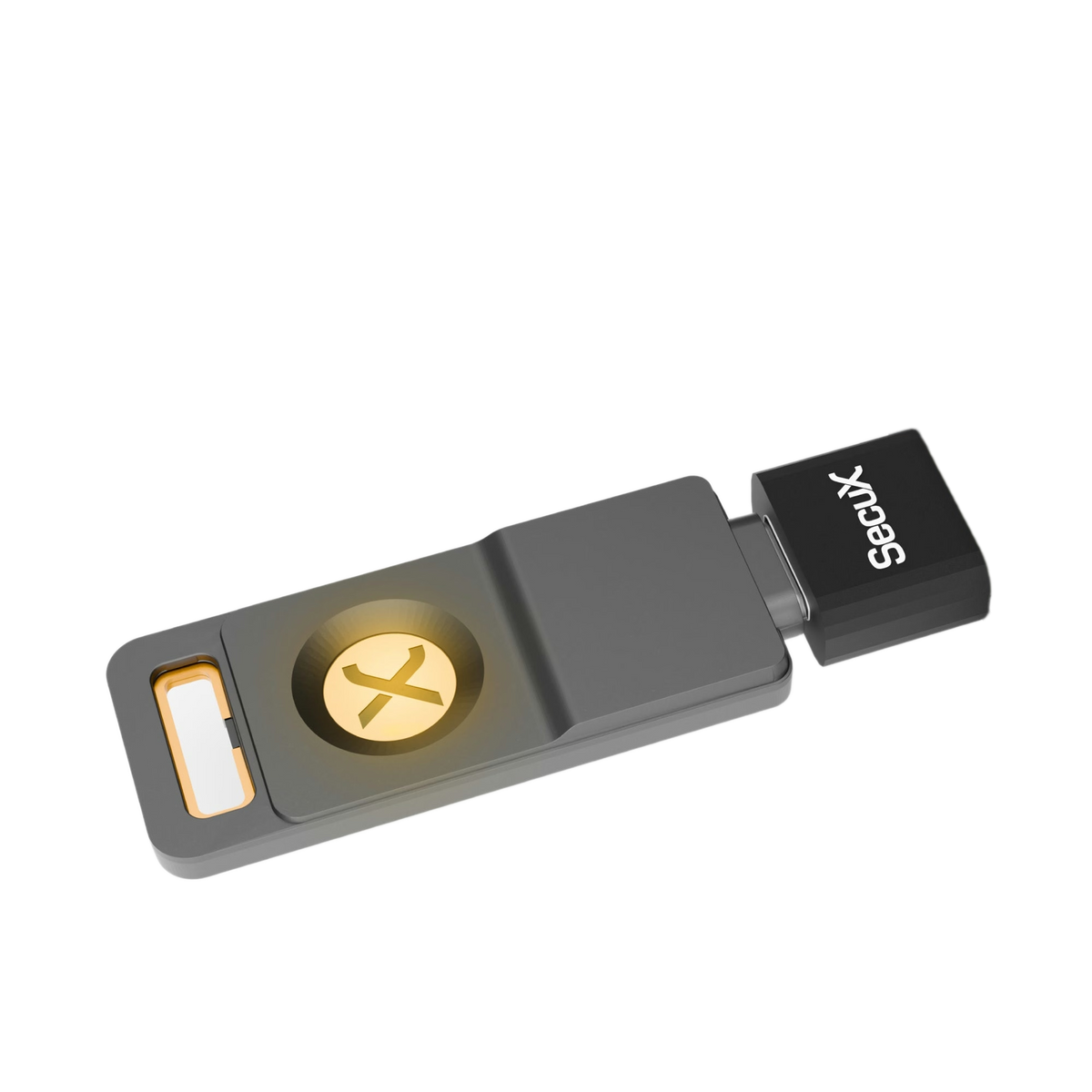 SecuX PUFido Drive Clife Key connected to a USB-A port through the included SecuX USB-A adapter, official SecuX image