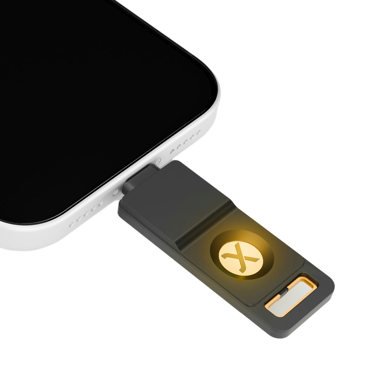 SecuX PUFido Drive Clife Key plugged into the USB-C port of a smartphone with the touch panel lit orange, official SecuX image