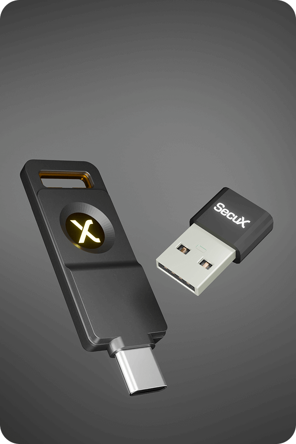 SecuX PUFido Drive Clife Key beside its SecuX USB-C to USB-A adapter, official SecuX image