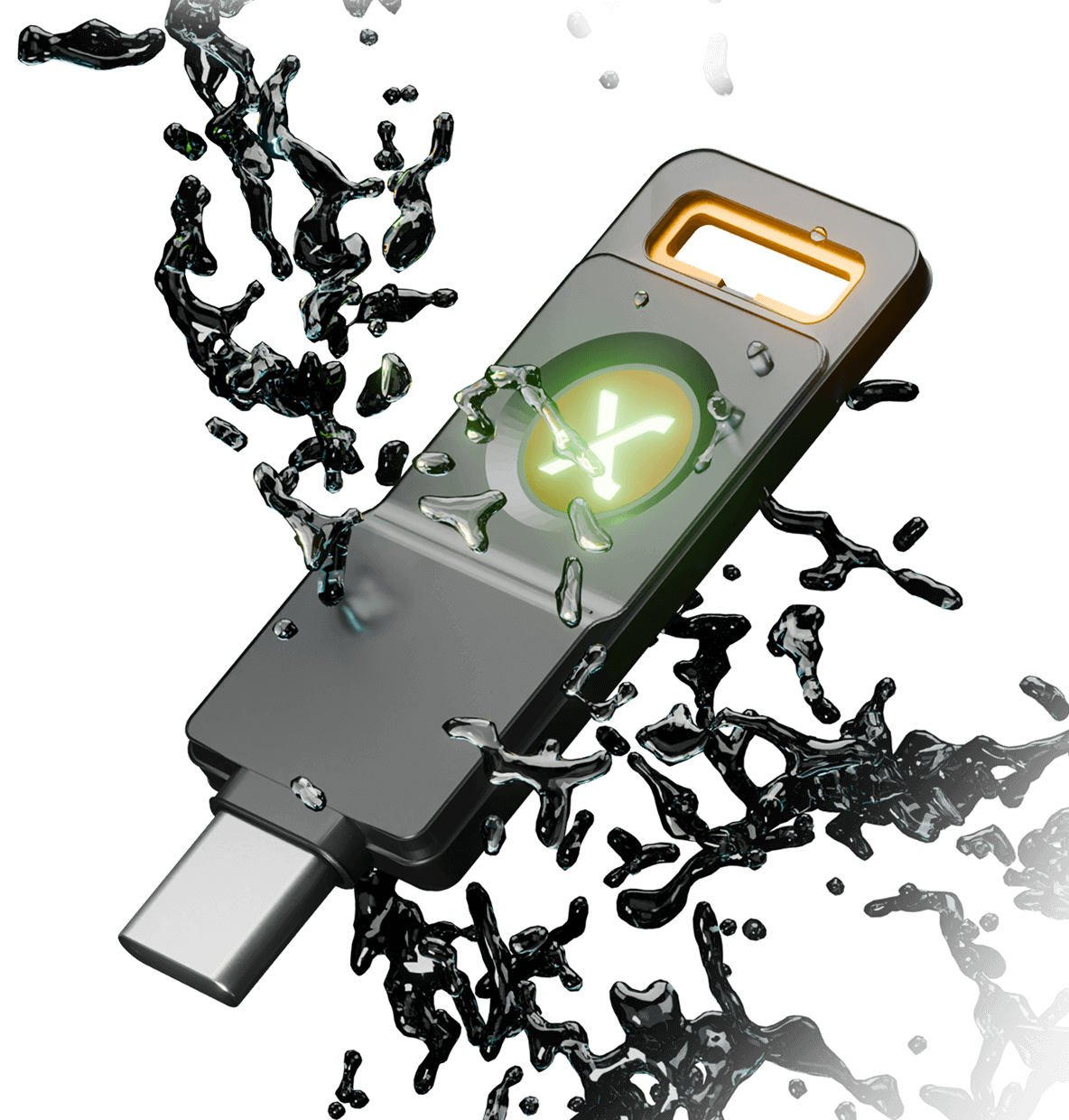SecuX PUFido Drive Clife Key shown in a splash of water, official SecuX image for its IP 68 rating