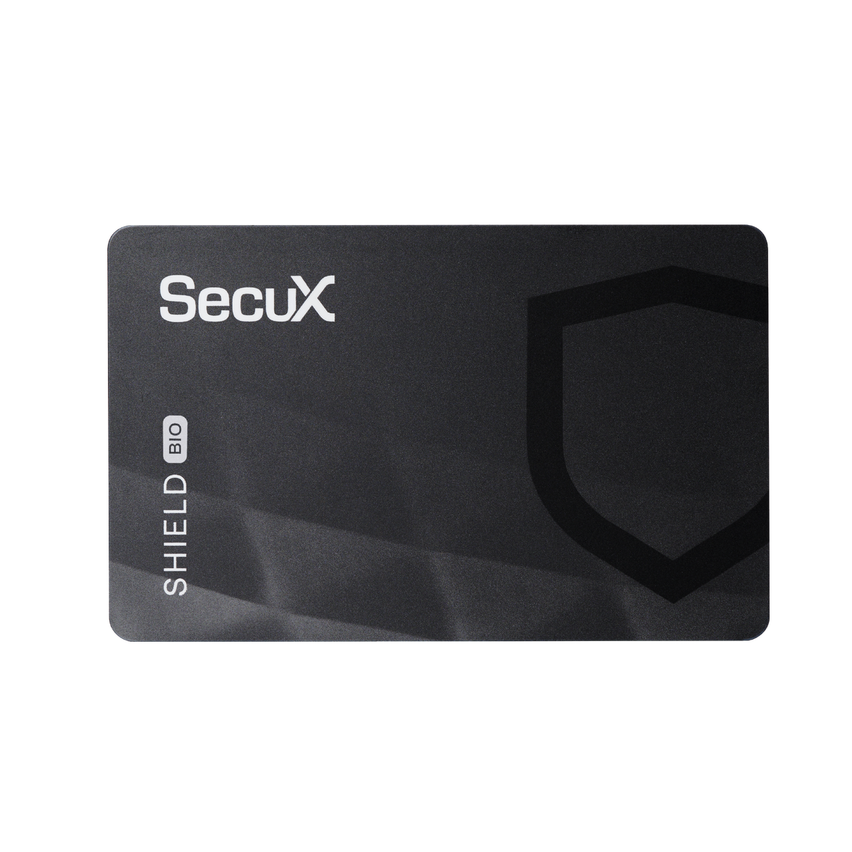 Back of the SecuX Shield BIO card with the Shield BIO name and shield emblem