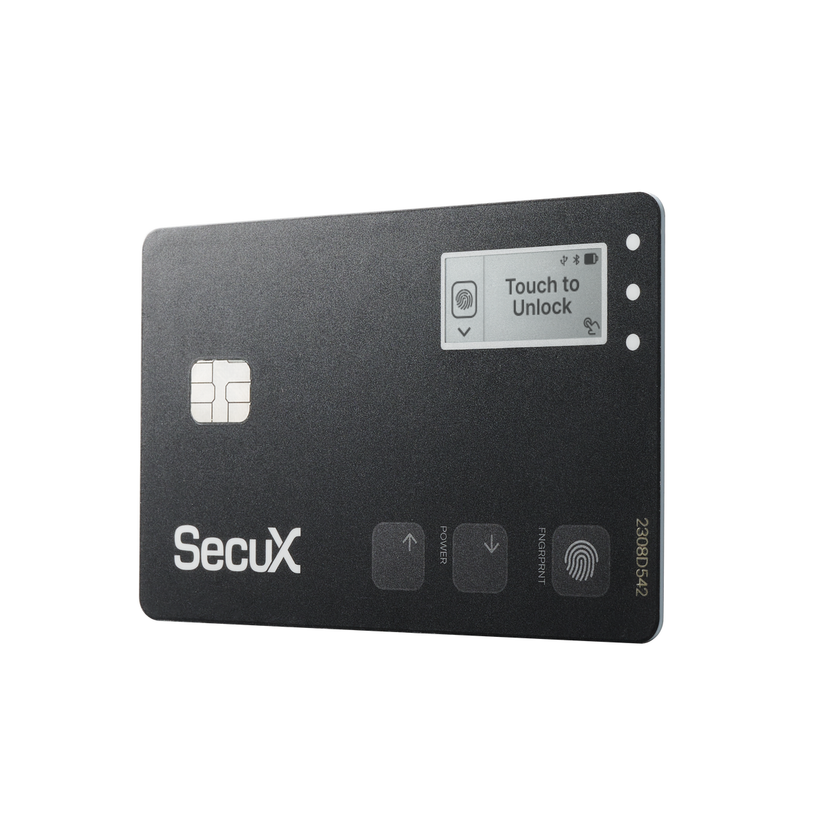 SecuX Shield BIO seen at an angle, showing how thin the card is
