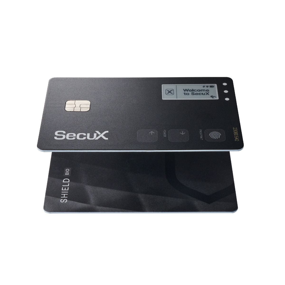 Front and back of the SecuX Shield BIO card shown together