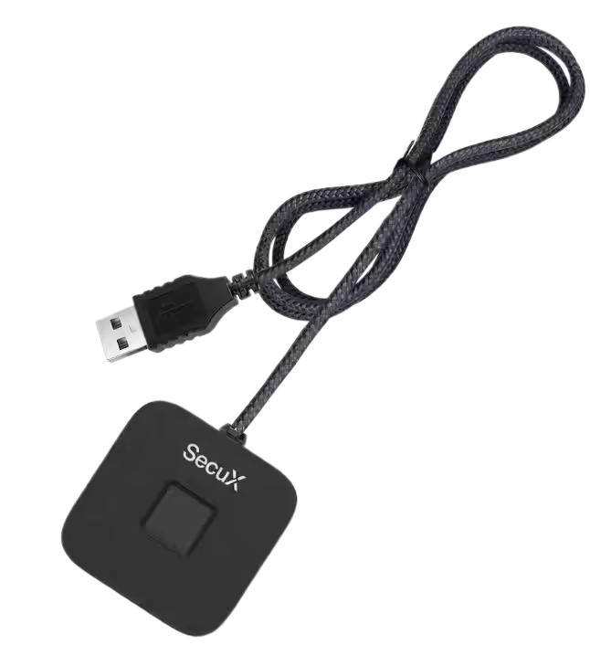 SecuX Touch Hello D desktop fingerprint reader with its 1.5 m USB-A cable