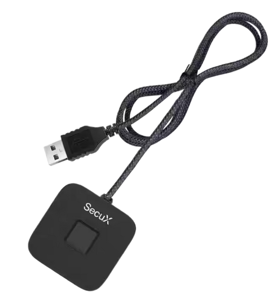 SecuX Touch Hello D desktop fingerprint reader with its 1.5 m USB-A cable
