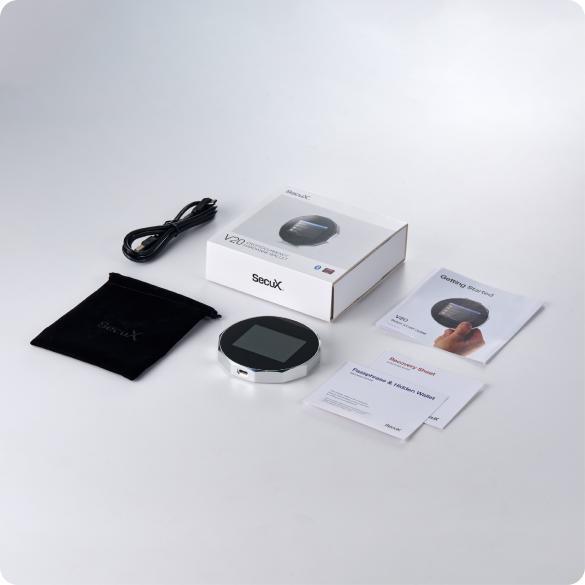 SecuX V20 box contents with the wallet, USB-C cable, protective case, recovery sheets and quick guide, official SecuX image