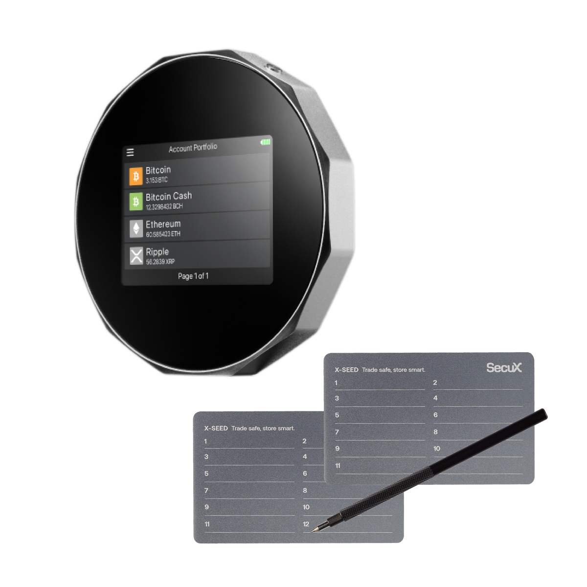 SecuX V20 Plus, the V20 hardware wallet with two X-SEED Recovery sheets, official SecuX image