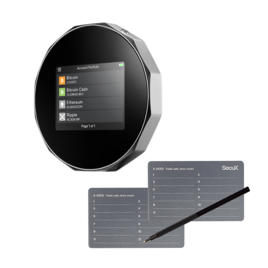 SecuX V20 Plus, the V20 hardware wallet with two X-SEED Recovery sheets, official SecuX image