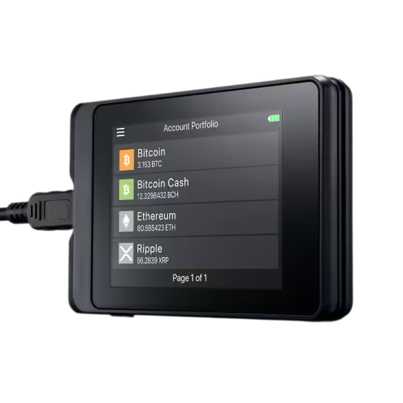 SecuX W10 hardware wallet with 2.8-inch colour touchscreen, angled front view with USB cable connected