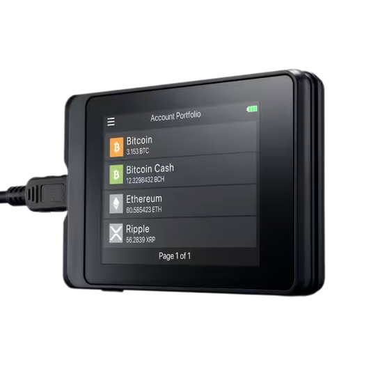 SecuX W10 hardware wallet with 2.8-inch colour touchscreen, angled front view with USB cable connected