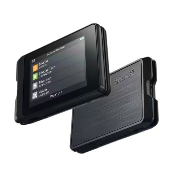 SecuX W10 front and back views showing the touchscreen and the SecuX logo on the back