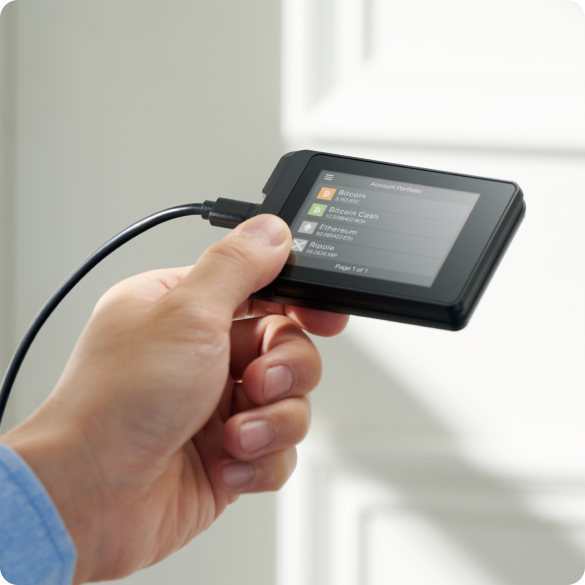 SecuX W10 held in one hand with its USB cable connected