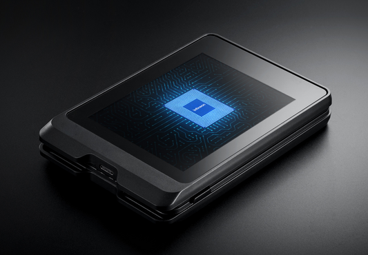 SecuX W10C-PLUS hardware wallet lying flat, showing its touchscreen and USB-C port