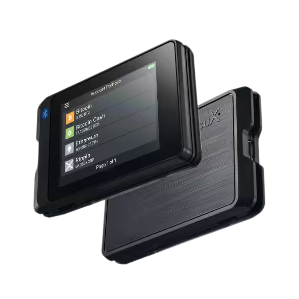 SecuX W20 front and back views showing the touchscreen and the SecuX logo on the back