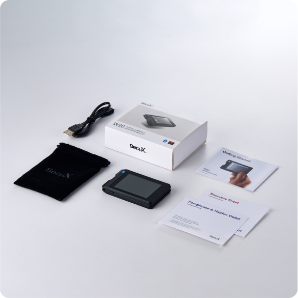 SecuX W20 box contents: wallet, USB cable, black pouch, recovery sheet, passphrase card and getting started guide