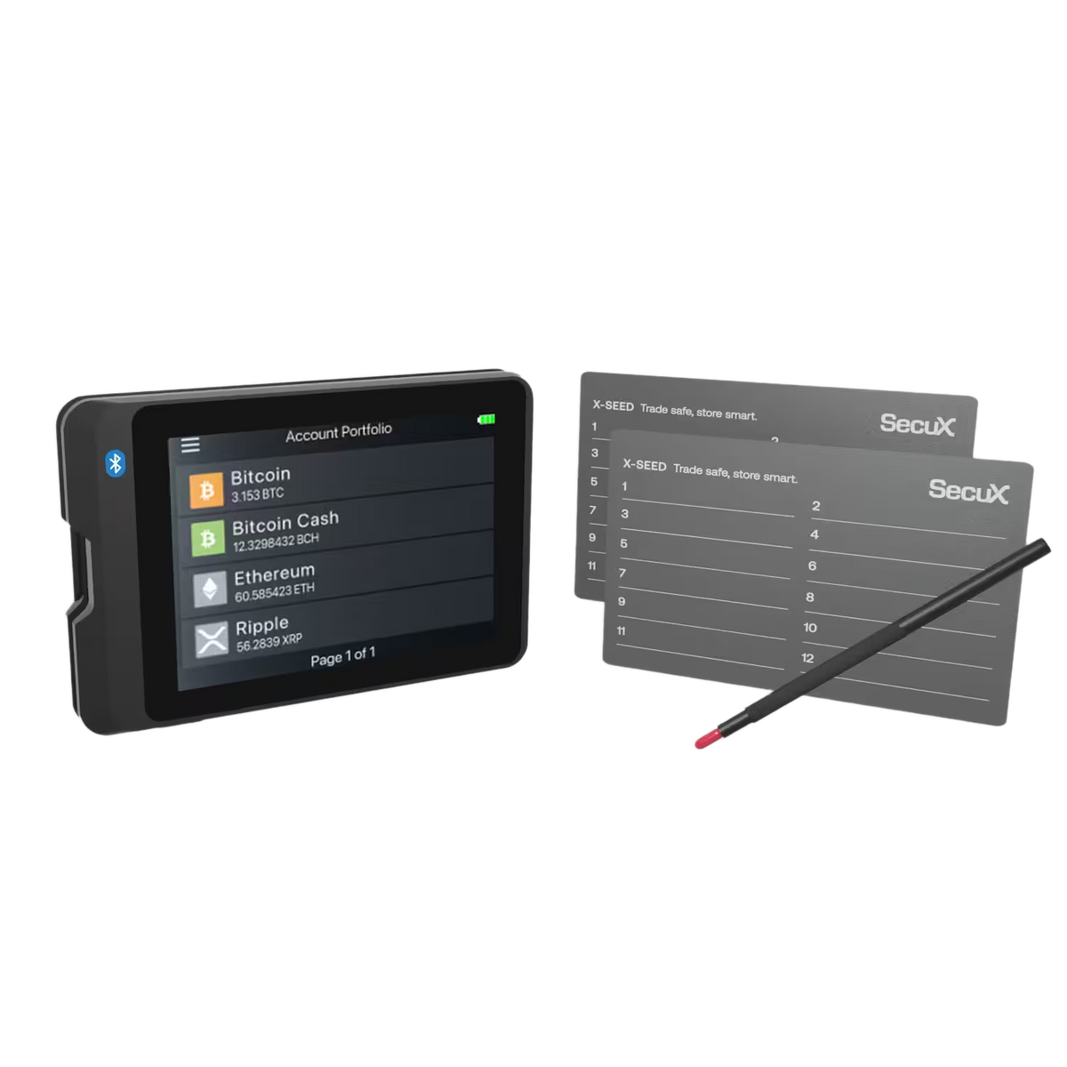 SecuX W20C-PLUS hardware wallet with two X-SEED aluminium plates and the engraver