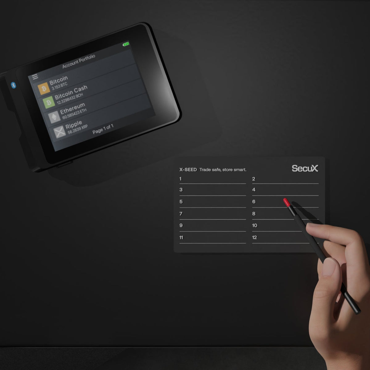 SecuX W20C-PLUS beside an X-SEED aluminium plate and the engraver