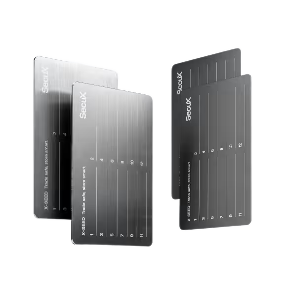SecuX X-SEED metal seed phrase storage plates, two stainless steel and two aluminium, official SecuX image