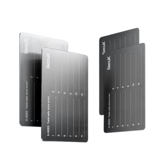 SecuX X-SEED metal seed phrase storage plates, two stainless steel and two aluminium, official SecuX image