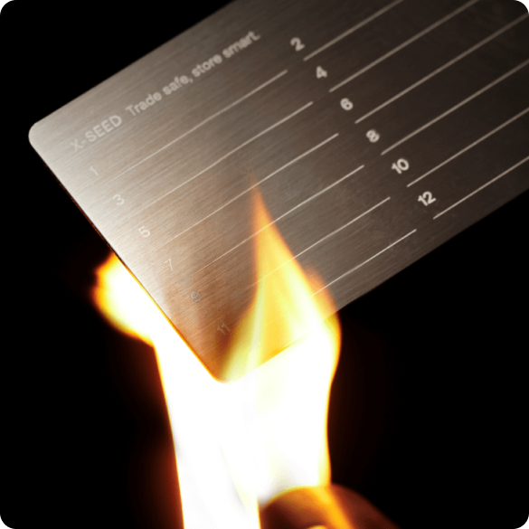 SecuX X-SEED stainless steel seed plate held in a flame