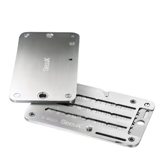 SecuX X-SEED PRO stainless steel seed phrase storage opened to show the letter tile slots, official SecuX image
