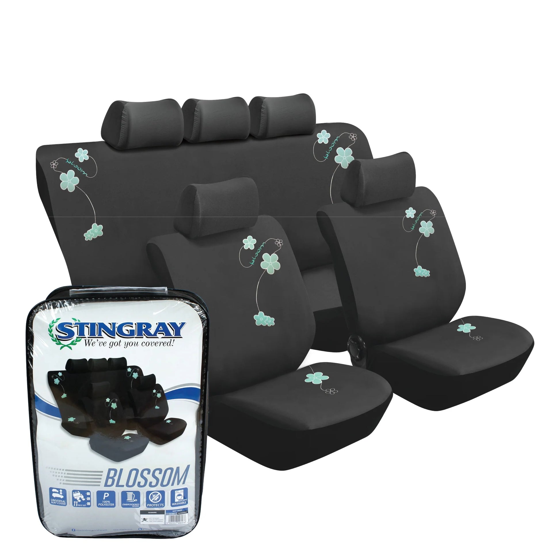 Stingray Blossom 11-Piece Embroidered Car Seat Cover Set Mint Green