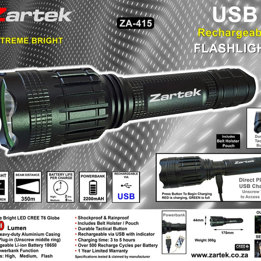 Zartek 900 Lumen LED Baton Torch USB Rec