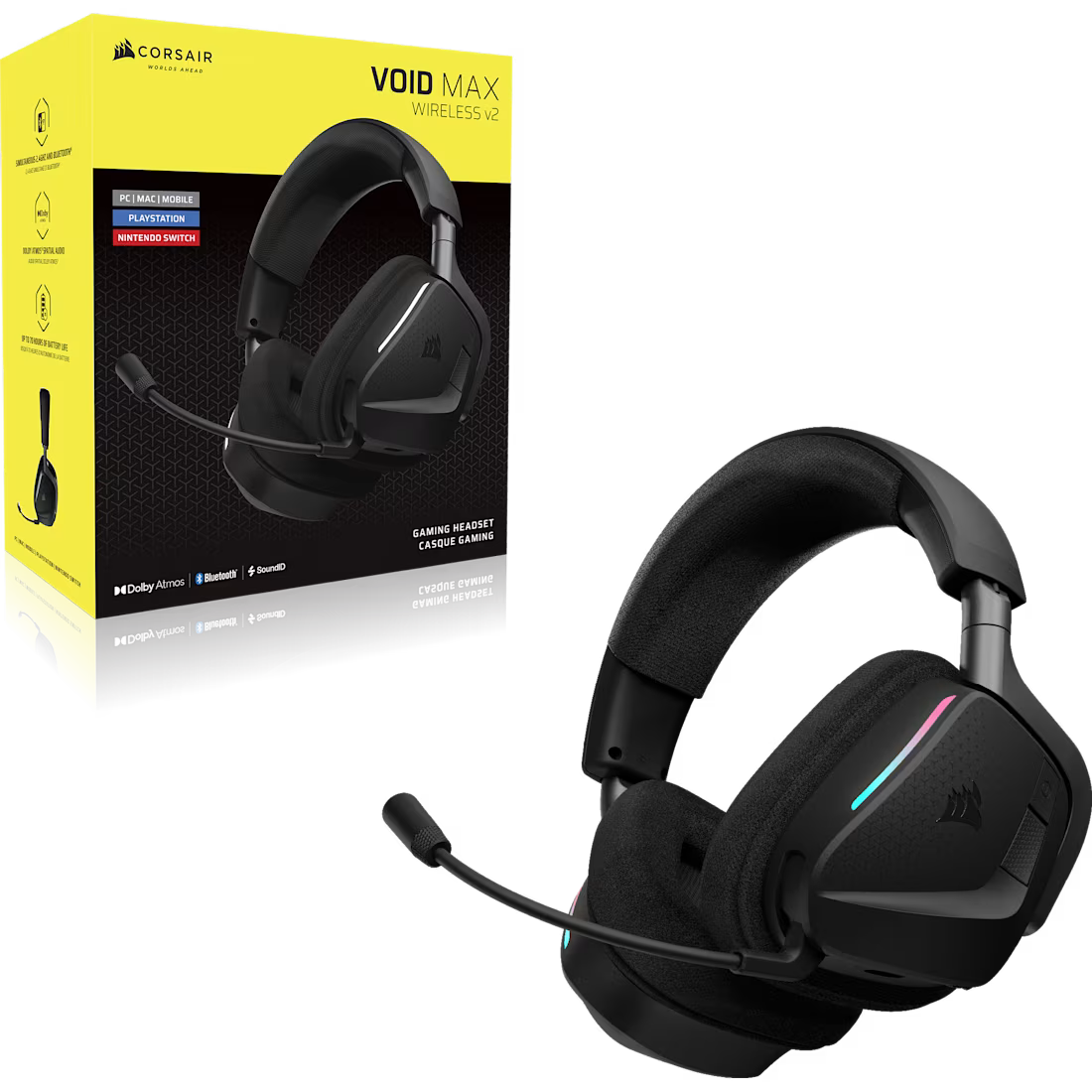 Corsair VOID v2 MAX WIRELESS Gaming Headset; Simultaneous 2.4GHz and Bluetooth; Dobly Atmos; PC/Playstation/Mobile; Carbon.