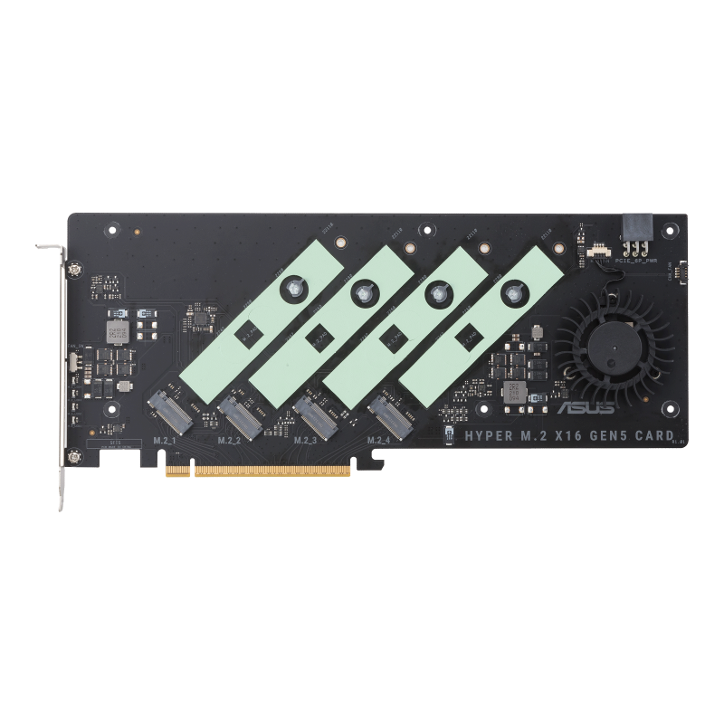Hyper M.2 x16 Gen5 Card (PCIe 5.0/4.0) supports up to four NVMe M.2 (2242/2260/2280/22110) devices at up to 512 Gbps for RAID