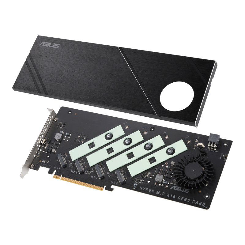 Hyper M.2 x16 Gen5 Card (PCIe 5.0/4.0) supports up to four NVMe M.2 (2242/2260/2280/22110) devices at up to 512 Gbps for RAID