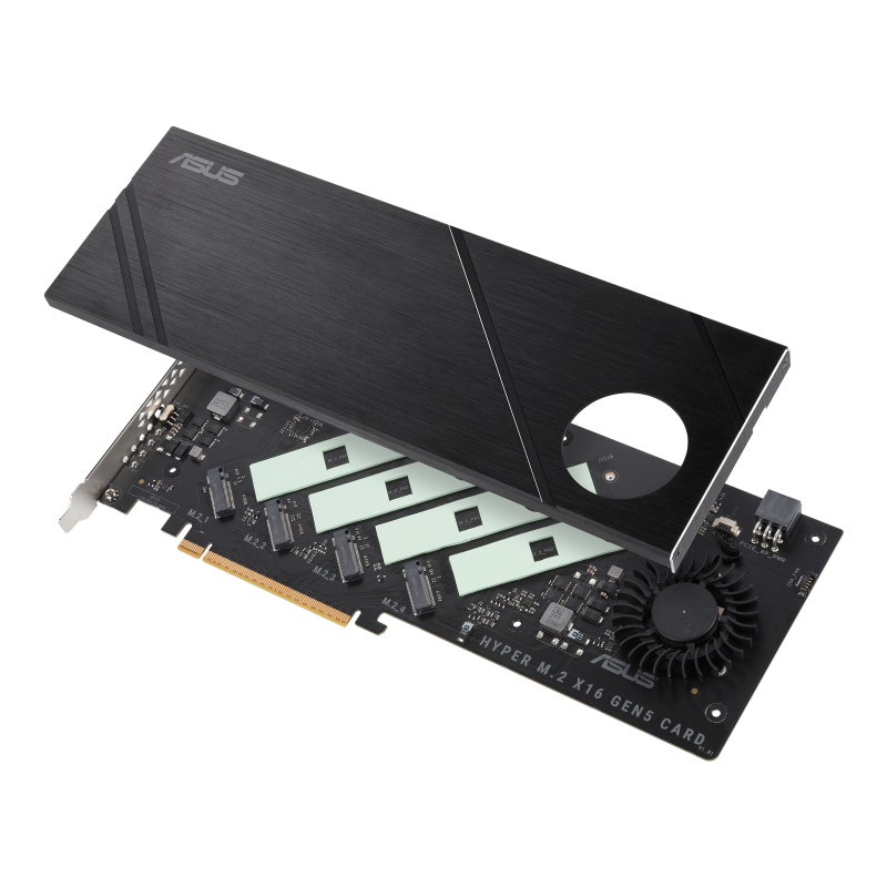 Hyper M.2 x16 Gen5 Card (PCIe 5.0/4.0) supports up to four NVMe M.2 (2242/2260/2280/22110) devices at up to 512 Gbps for RAID