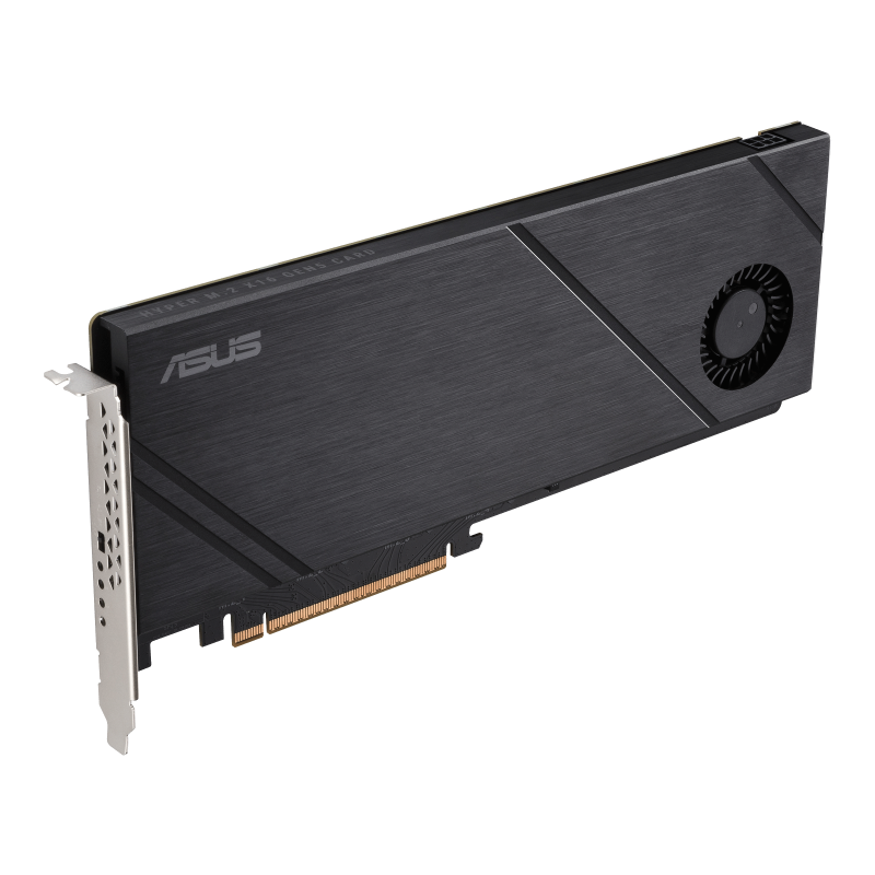 Hyper M.2 x16 Gen5 Card (PCIe 5.0/4.0) supports up to four NVMe M.2 (2242/2260/2280/22110) devices at up to 512 Gbps for RAID