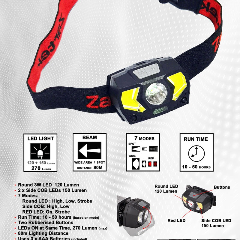 Zartek ZA-130 Headlamp LED Round 120 Lumen Sides 150 Lumen 3 x AAA Batteries