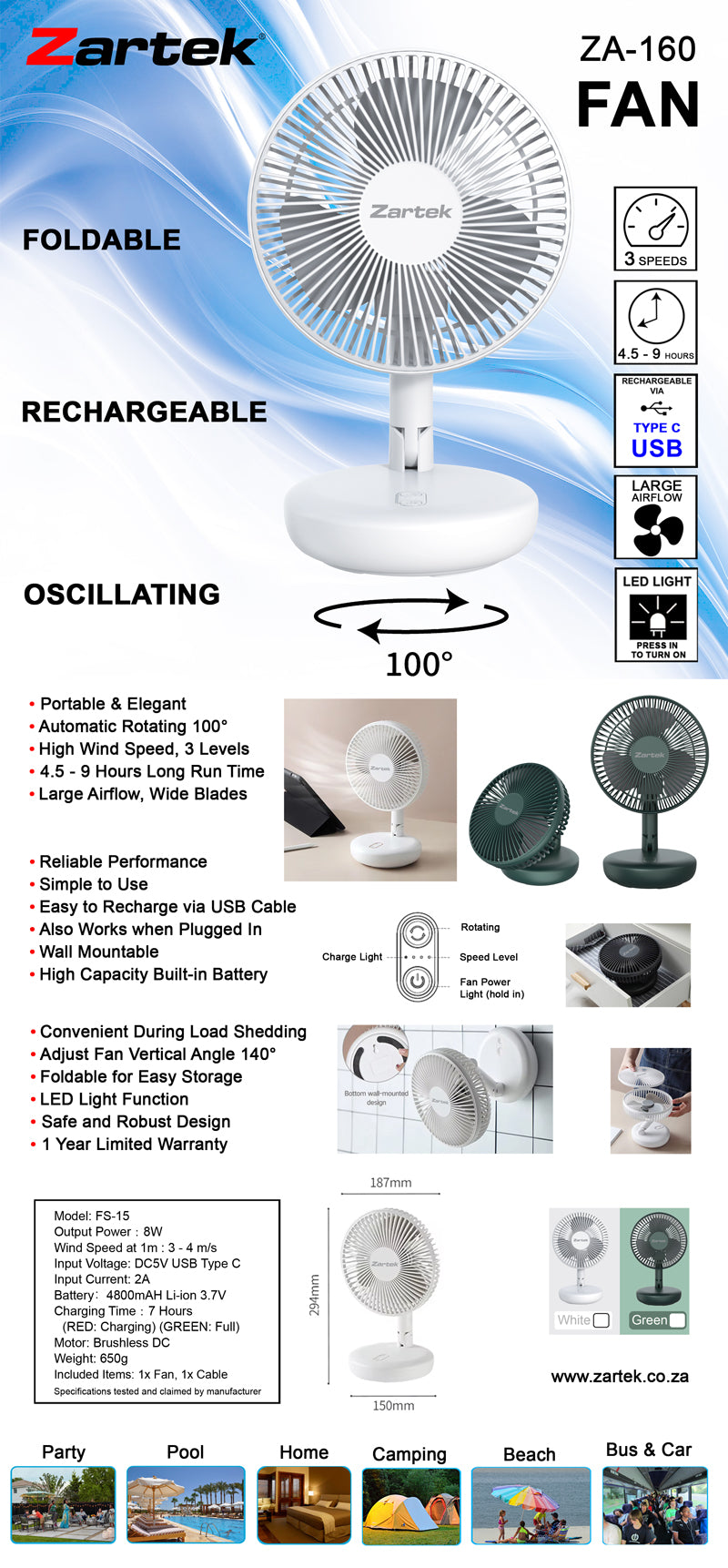 Zartek ZA-160 Rechargeable Portable Fan White Auto Rotating 3 Speeds USB-C 4800mAH Foldable