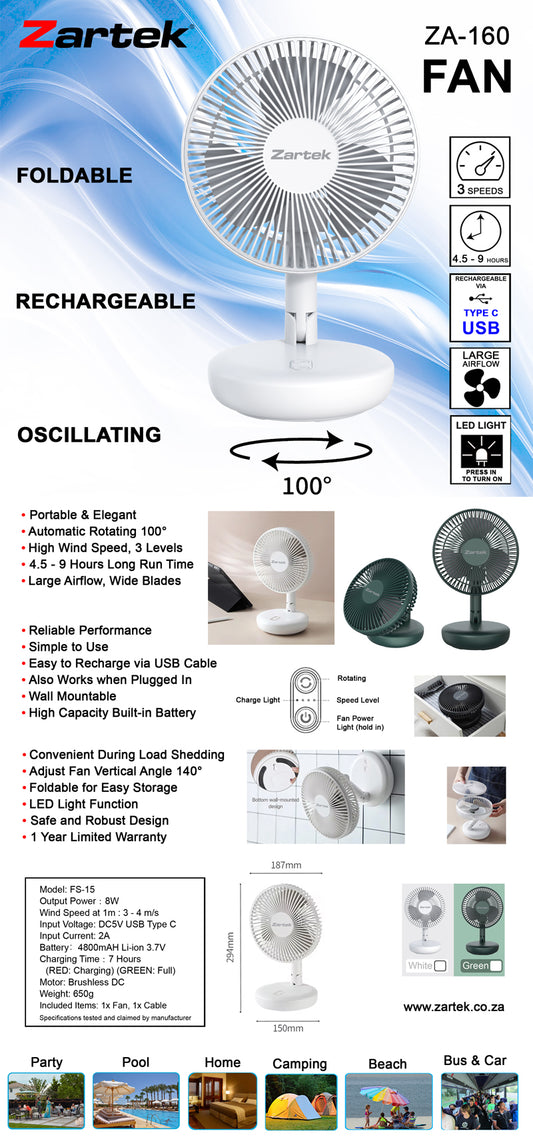 Zartek ZA-160 Rechargeable Portable Fan White Auto Rotating 3 Speeds USB-C 4800mAH Foldable