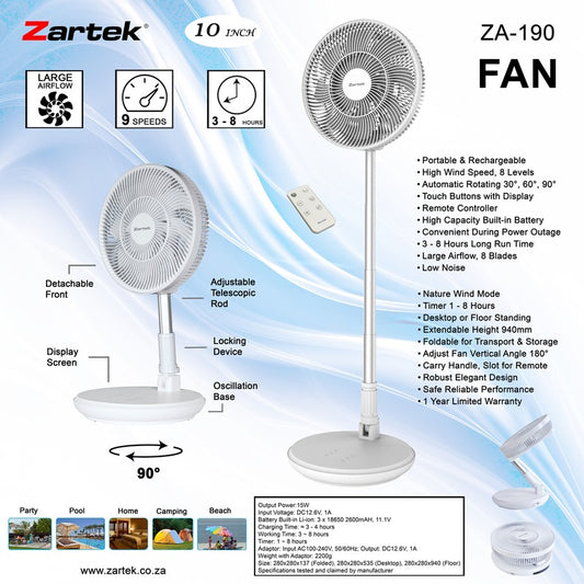 Zartek ZA-190 Rechargeable Portable Fan 10 inch 9 Speeds Auto Rotating Remote Control Timer