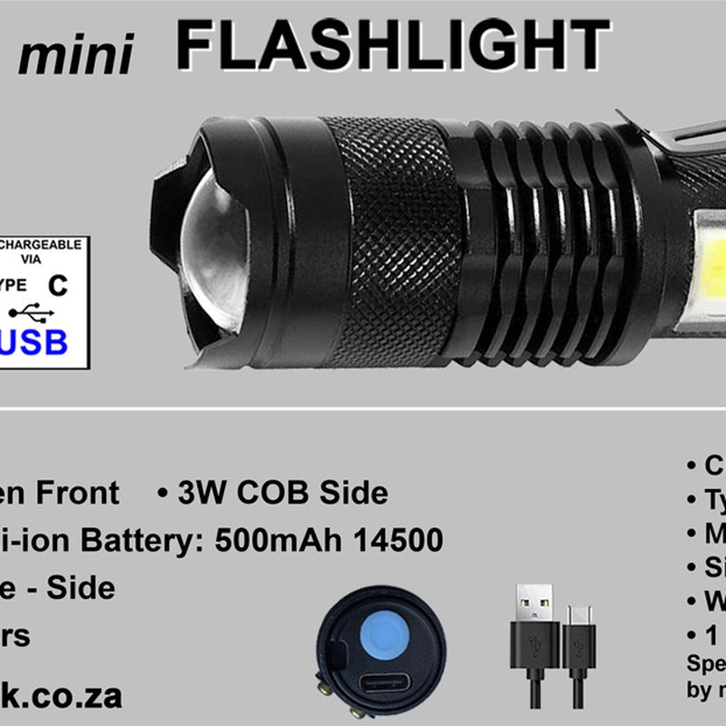Zartek ZA-313 Mini Flashlight LED 160 Lumen Side COB Aluminium Zoom USB-C Rechargeable