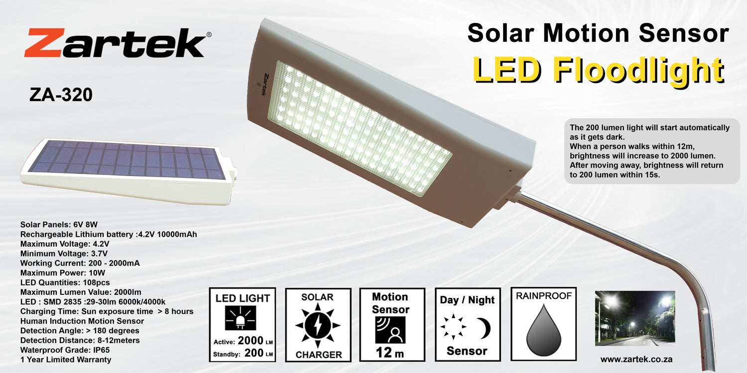 Zartek ZA-320 Solar Motion Sensor LED Light 2000 Lumen Day Night Sensor 10000mAH