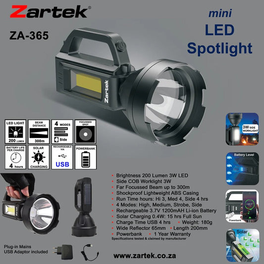 Zartek ZA-365 Mini Spotlight LED 200 Lumen with Side COB Worklight USB Rechargeable Solar