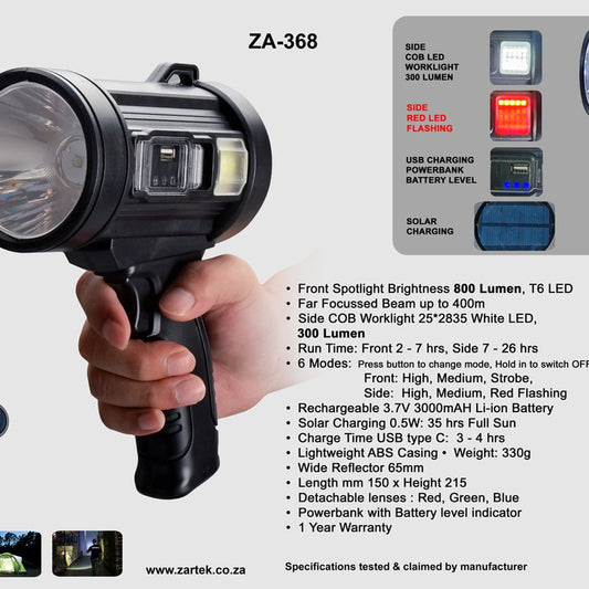 Zartek ZA-368 Bright Spotlight LED T6 800 Lumen Side COB Solar Charging Powerbank