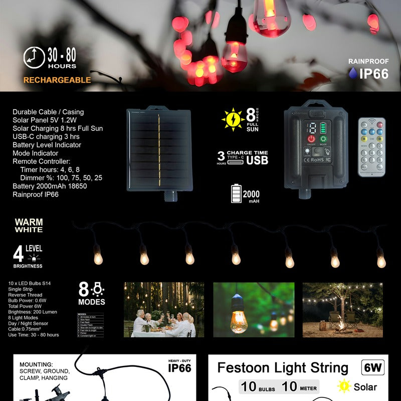 Zartek ZA-371 Solar Festoon Light String 10m 10 LED Bulbs 200 Lumen 8 Modes with Remote IP66